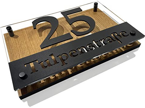 Hausnummer-Schild Adressschild haus hauswand personalisiert holz eiche plexiglass 3d individuelles design (Eichenmuster 2)
