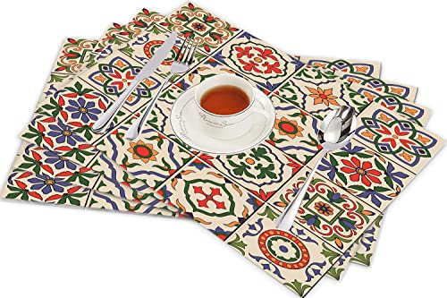 Set of 4 Placemats-Blue Spanish Gorgeous White Colorful Moroccan Portuguese Tiles Azulejo Ornaments Pattern Fills Mos-Non Slip Stain Heat Resistant Table Mats for Dining Home Indoo