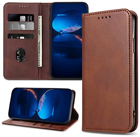 DENDICO Case for iPhone 14, Classic PU Leather Magnetic Wallet Case, Flip Folio Protective Phone Cover Compatible with iPhone 14, Brown
