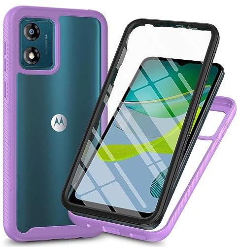 SEAHAI Clear Case for Motorola Moto E13, [with Built-in Screen Protector] Military Grade Full Body Rugged Armor Cover, Heavy Duty Dropproof Shockproof Case - Light purple