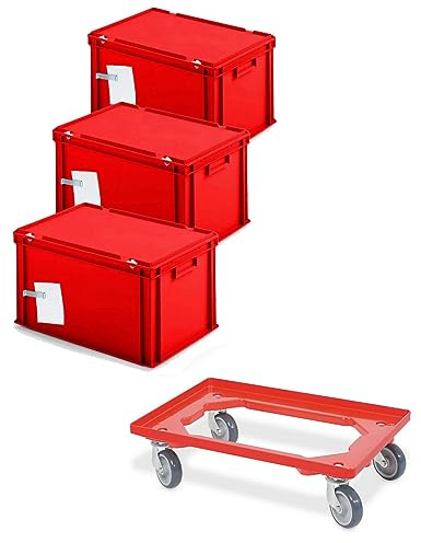 BRB 3x Ordner-Archivboxen für je 7 Ordner (A4, breiter Rücken), inkl. Transportroller (rot)