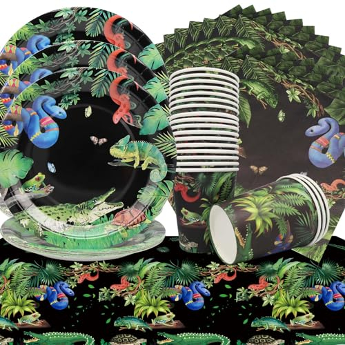 Doyomtoy Pack of 61 Reptile Party Tableware, Reptile Lizard, Snake, Birthday Party Accessories, Wild Animals, Lizards, Plates, Cups, Napkins, Tablecloth, Reptile Party Decorations