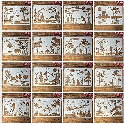Wiederverwendbare Schablonen zum Malen auf Holz, 16 Stück, A4, 29 cm, Landschaft, Tiere, Menschen, Zeichenschablonen für Scrapbooking, Kunstbedarf, Wanddekoration