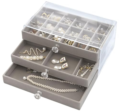 Terafeels Earring Storage Box Acrylic Clear Drawer Desk Organiser - Jewellery Box for Women Girls with 3 Drawers Velvet for Bangle Bracelet Necklace and Rings Boxes Earring 1504