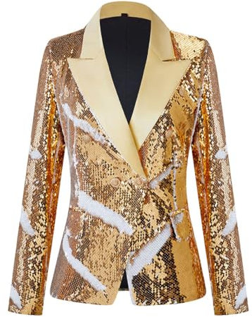 CARFFIV Damen Mode Zweireihige Bankett Party Urlaub Pailletten Langarm Jacken,Gold+White,S