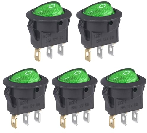 VEXUNGA 5 Stück Kippschalter Beleuchtet 12V Rund Grün mit Licht 3 Polig 20A 12 Volt DC Ein/Aus Schalter Einbauschalter SPST Grüne Leuchtend Quadratischer Wippschalter