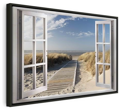 murando Bilder mit Rahmen 90x60 cm Wandbilder groß Leinwandbild XXL schwarzer Holzrahmen modern Wanddekoration Kunstdruck Wanddeko Wohnzimmer Schlafzimmer Fenster Meer Strand Landschaft Natur