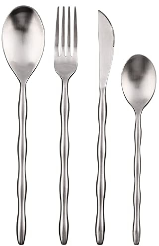 Juegos de cubiertos para 6, juegos de cubiertos de acero inoxidable, juego de cucharas y tenedores con mango de bambú de 24 piezas en el hogar y la cocina, aptos para lavavajillas (48 piezas)