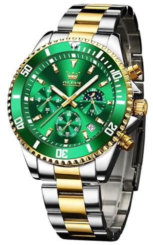 OLEVS Bicolor Herrenuhren Edelstahl Analog Herren Uhren Groß Grün Zifferblatt Modern Leuchtend Wasserdicht Armbanduhr Herren Silber Gold Metallarmband Chronograph Männer Uhr mit Datum Mondphase