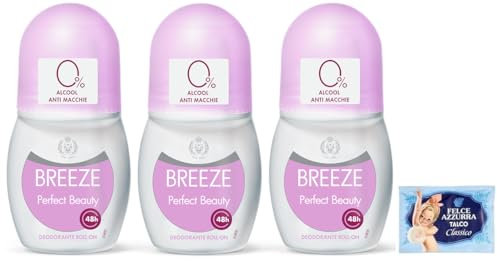 3x BREEZE Perfect Beauty Deodorante Roll On 50ml + 1 Confezione di Talco Felce Azzurra in omaggio, Busta da 100g