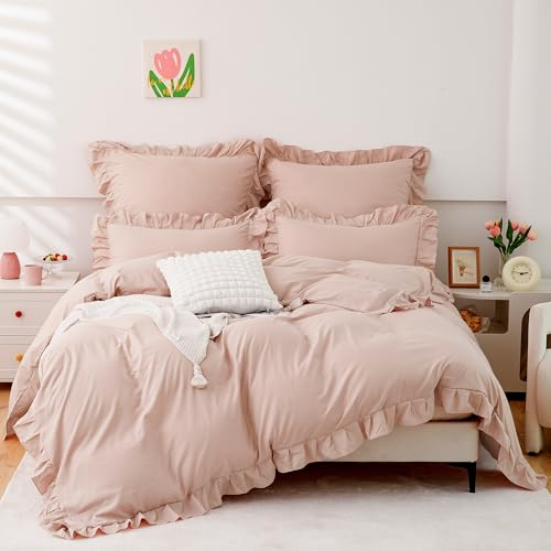 TOCOMOA Rüschen Bettwäsche 135x200 2teilig, Rosa Mädchen Bettwäsche-Sets, Aesthetic Weich Öko-Tex Zertifiziert Mikrofaser Bettbezug mit Reißverschluss, Kissenbezug 80x80 cm