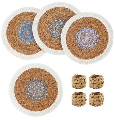 fanquare 4er Set Platzsets mit Quasten, gewebt aus Stroh in Boho-Stil, rund, Tischmatten 35x35cm, perfekt als Tischdekoration für Hochzeiten und Esszimmer Tischsets mit Fransen