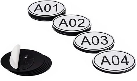 NanTun 50er-Pack Weiße ovale Schließfachschilder mit Tischnummern – 30 mm x 50 mm ABS-Kunststoff mit gravierten Zahlen – A01 bis A50