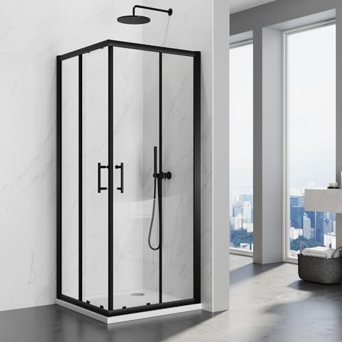 SIRHIONA Cabine de douche d'entrée d'angle, porte coulissante en verre de sécurité noir, cabine de douche d'angle, porte de douche,70x70x195 cm