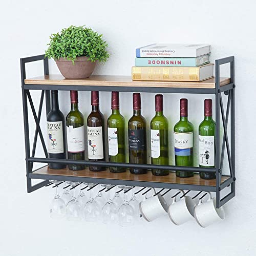 IBOWZ Deckenregal Decken Weinregal Wandmontiertes Weinregal aus Metall, schwimmende Holzregale, Stielglashalter, Bar, Restaurants, Küche, Blumenregal, Lagerregal, 80 x 20 x 54 cm
