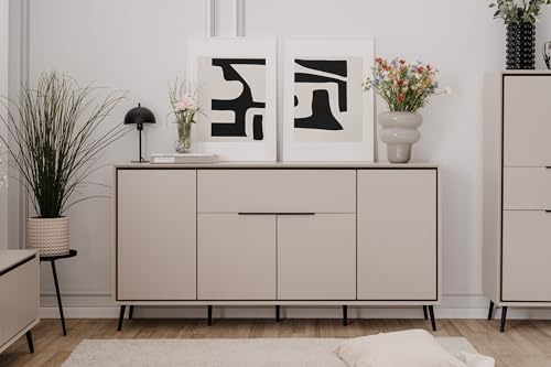 möbelando Sideboard >Arona< 4 Türen, 1 Schublade, 6 Böden, in Sand/Schwarz - 175x90x38cm (BxHxT)