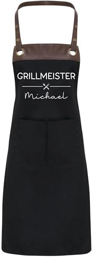 Personalisierte Grillschürze Grill-Schürze für Männer Grillmeister Schürze mit Kunstleder Applikation | Kochschürze | Grillschürze mit Wunschnamen | Weihnachten (Grillmeister - Schwarz)