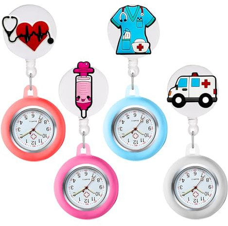 SPORWAY Lot de 4 montres d'infirmière : montres de poche pour femme avec clip, rétractable, montre de poche pour infirmière, montre de poche avec pointeur lumineux pour médecin, infirmière, étudiante
