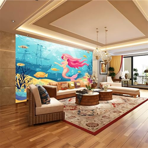 Photo Wallpaper Mermaid Under The Sea Wall Decor 157.5 x 110.2 Non-Woven Art Print Mural Decoration Poster Living Room Kitchen BedroomOrange Color