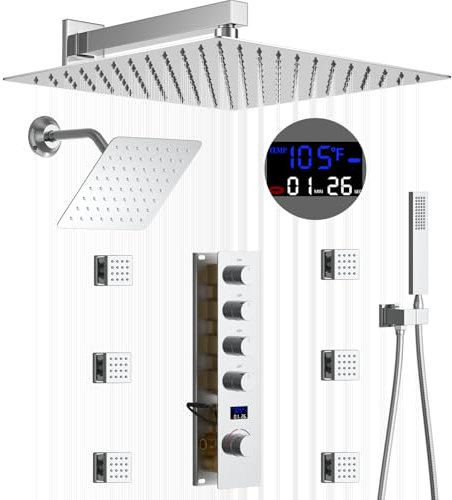 WHSHOWER Thermostatic Rainfall Shower System Temperature Display Full Body Shower System with 12 & 8 Inch Dual Shower Heads,6 Body Jets and Handheld Shower,Chrome