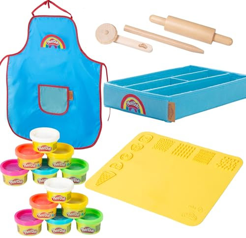 roba x Play-Doh Extra großes Spielset - Knetset mit Canvasbox, 3D-Kreativmatte, 12 Knete & Holzwerkzeugen & Schürze - Kreatives Geschenk ab 3 Jahren