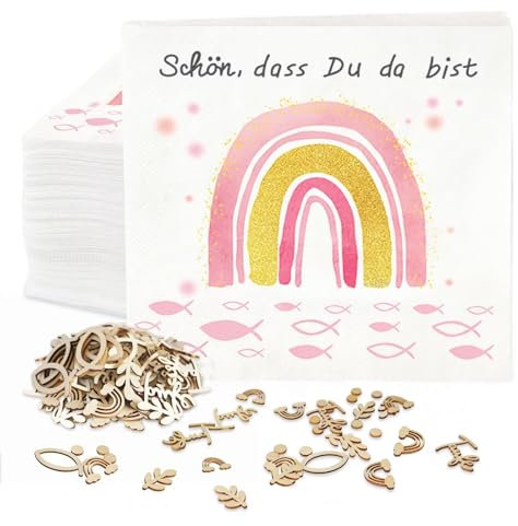 Servietten Konfirmation Regenbogen Fisch Set - 36 Stk Taufe Deko Mädchen Mit 60 Stk Holz Fische Tischdeko, 'Schön, dass du da bist!' Kommunion Erstkommunion Taufdeko, 33 x 33cm