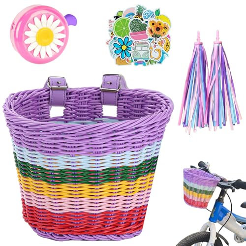 Roysmart Fahrradkorb Kinder, Fahrradkorb Geflochten für Mädchen und Kinder Vorne, Fahrrad Korb Weidenkorb Vorne mit mit Lederriemen Luftschlangen Fahrradklingel Aufkleber, Mädchen Fahrrad Korb Zubehör