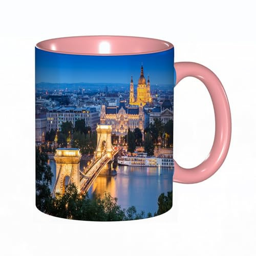 EKLMPS Becher aus Keramik, Ideal als Geschenk, Hochwertiger Aufdruck, Tasse mit Motiv, Tee Becher, Coffee Cup, 330ml,Blick auf die Innenstadt von Budapest über die Donau, wunderschöne Stadtlandschaft