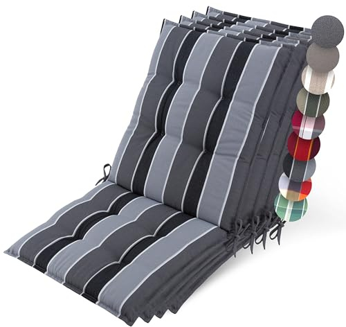 Beautissu 4er Set Premium Niedriglehner Auflage Gartenstuhl rutschfest | 100x50cm 8cm dick Anthrazit gestreift robuster Stoff Polster Befestigungsbänder UV-Lichtechtheit 5 Gartenstuhlauflage Sun-NL