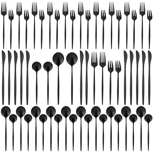 Xespis Cuberterias Completas 12 Personas, cubertería negro, 60 Piezas Cubiertos Acero Inoxidable, con Cuchillo Tenedor Cuchara, y Aptos para Lavavajillas, para Casa,Fiesta,Restaurante