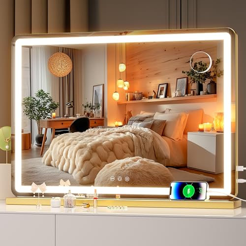 Hasipu Vanity Mirror with Lights, 70 x 50cm LED Makeup Mirror, Lighted Makeup Mirrors with Dimmable 3 Modes, Touch Screen Control Vanity Mirrors Round Gold