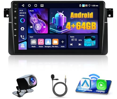 Fuluku 4+64G 9 Android 15 Radio de Coche para BMW E46 1999-2005 | Wireless Carplay Android Auto, Pantalla Táctil 9 Pulgadas Bluetooth 2 DIN con GPS, WiFi, RDS FM, EQ, Cámara de Visión Trasera