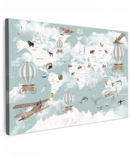 MuchoWow© Leinwandbild Groß XXL Dekoration Wohnzimmer Bilder Pictures Wall | 120x80 cm - Decoration Living Room Wohnungs Deko Moderne Bild Weltkarte - Kind - Flugzeug