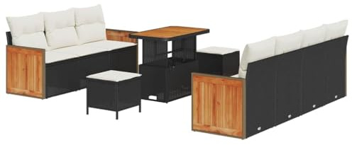 vidaXL 10-teiliges Garten-Sofa-Set mit Kissen aus Polyester in Schwarz – stylische Gartenmöbel für Balkon, Terrasse und Lounge