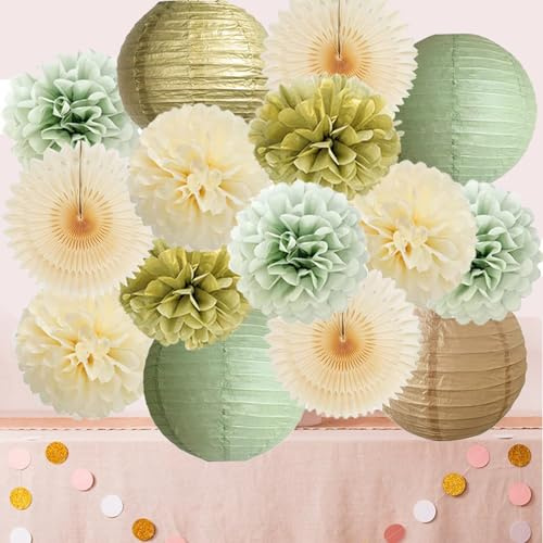 Party Deko Salbeigrün Gold 15 Stück GeburtstagsDeko Grün Gold Beige Seidenpapier Pom Poms Papierfächer Papierlaterne für Frauen Mädchen Hochzeit Geburtstag Polterabend Jugendweihe