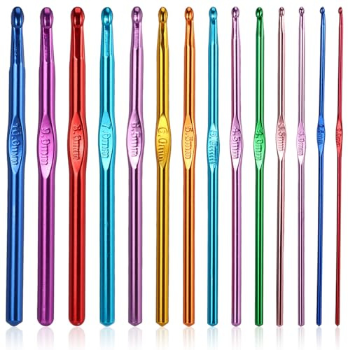 Häkelnadel Set 14 Stück, Bunte Aluminium Stricknadeln 2-10 mm | Crochet Hooks Zubehör, für Anfänger, Profis, Wolle, Garn, DIY, Handarbeit, Stricken, Häkeln und kreative Projekte