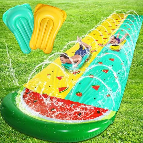 Scivolo acquatico, 610 cm, doppio scivolo d'acqua con 2 Bodyboard, Scivolo di Prato d'acqua con irrigatore incorporato, giocattolo da giardino estivo per bambini, adulti, divertimento all'aperto