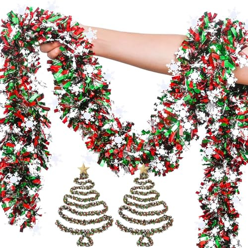 Onlvmyur 5PCS Espumillon Navidad Rojo y Verde Guirnalda Navidad con Copos de Nieve para Escaleras Paredes Ventanas Fiestas Decoración (2 M)