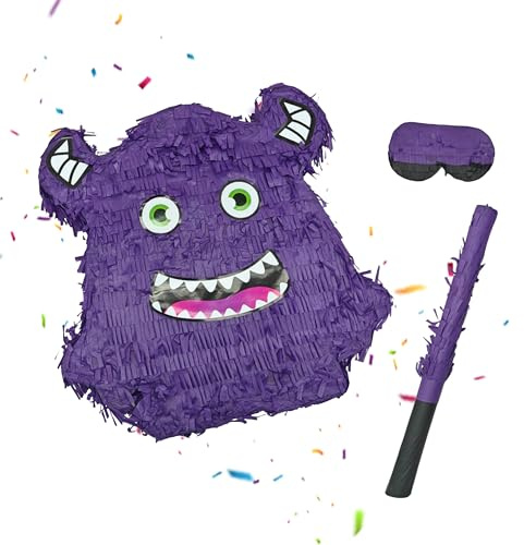 Relaxdays Pinata Monster, mit Stab & Maske, Partypinata Kinder, Geburtstag, zum Befüllen, HxBxT: 40 x 35 x 9 cm, lila