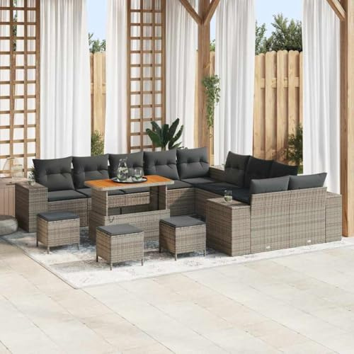 Runheo Gartensofa-Set, 14-teilig, Grau, Poly-Rattan, Modular, Höhenverstellbarer Tisch, UV-beständig, für Garten & Terrasse, Outdoor Möbel Lounge
