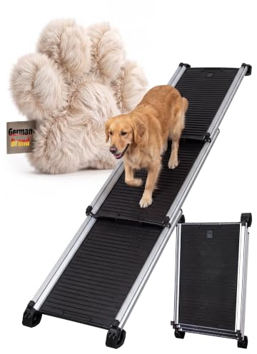Petigi Teleskop Hunderampe, Auto Rampe Einstiegshilfe für Hunde | Länge 158 cm, 90 kg Belastbarkeit, Aluminium, Ausziehbar, rutschfest, Kofferraum