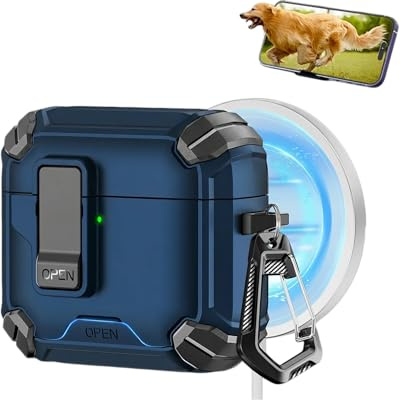 Kompatible mit AirPods 4 Hülle 2024, One-Touch Automatische Schnappverschluss Hülle mit 360° Stoßschutz, TPU Robustes Armor mit Karabiner & Handgelenkband - Blau