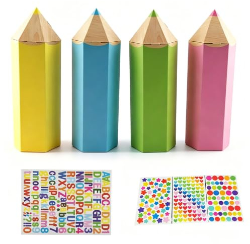 SKIKHN Kleine Schultüte Junge & Mädchen, 12 Stück Einschulung Geschenkbox in Bleistiftform mit Buchstaben Sticker, Mini Schultüten zum Befüllen, Geschenkverpackung zur Einschulung für Schulanfänger