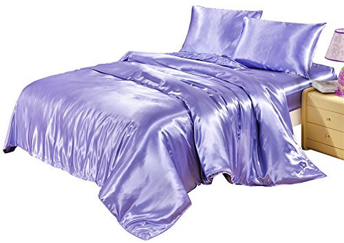 Lucky lover Hotel Quality Solid Lilac/Lavender Duvet Cover Set Queen/Full Size Silk Like Satin Bedding with Hidden Zipper Ties Reversible Hypoallergenic Stain Resistant Quilt/Comforter Cover Set