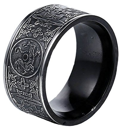 PAMTIER Bague Noire Cru Acier Inoxydable Hommes Chinois Ancien 4 Gardien Bêtes Sceau Band Taille 66