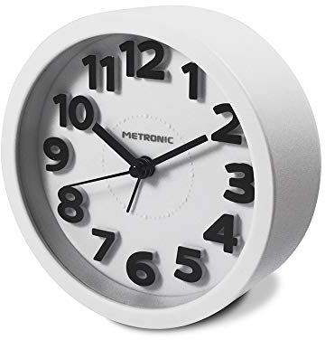 Metronic 477307 - Despertador clásico con Buzzer electrónico, Movimiento de Cuarzo, silencioso, Blanco