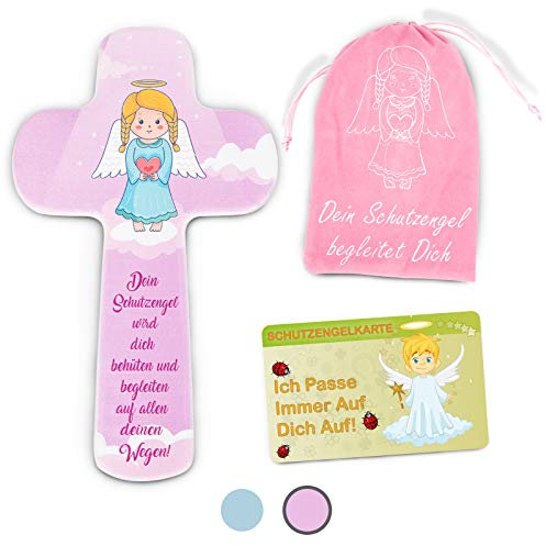 ZWEN Kinder-Holzkreuz Schutzengel I Holz Kruzifix als Tauf-Kreuz I süßes Geschenk zur Kommunion, Taufe oder Geburt I Taufgeschenk für Jungen und Mädchen I Kommunions-Geschenk 20 cm (Rosa)