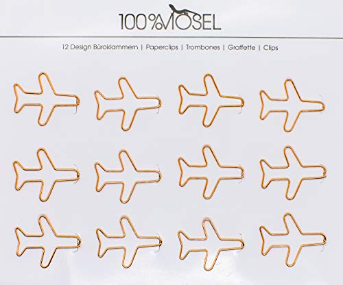100% Mosel Büroklammern Roségold, 12 Stück, in Flugzeugform (3,6 x 3 cm), edle Klammern aus Metall, modernes Accessoire fürs Büro/Homeoffice, elegante Deko zu besonderen Anlässen