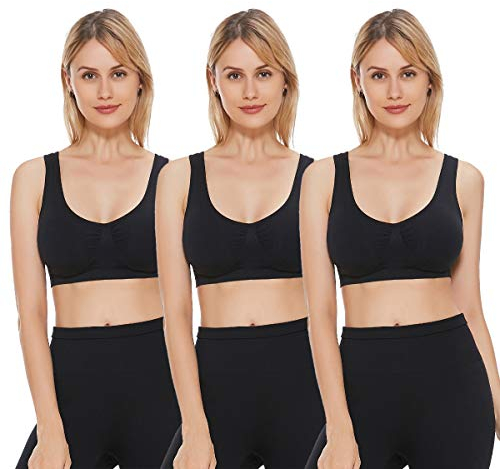 JOJOANS 3er Pack Sports BH Bralette Die ultimative Komfort-BH gepolstert Nahtlose Stretch Action Freizeit hochwertige Unterwäsche (Schwarz, XL)