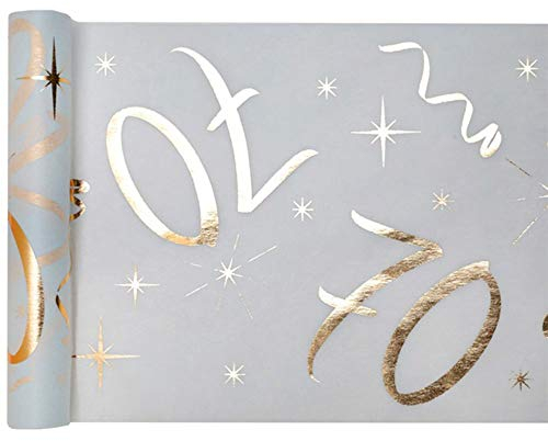 PAPSTAR WOOOOZY Metallic 70. Geburtstag Tischläufer, 5m x 30cm, Polyester, Zahlen, Sterne, Linien